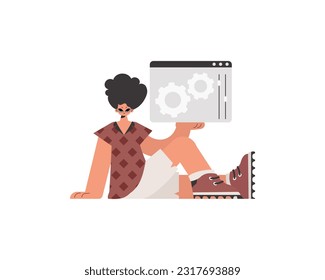 The person is holding a browser window with gears. SEO and web analyzing point. Confined. Trendy style, Vector Illustration
