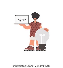 The person is holding a browser window with a programming picture, and to boot standing close a tremendous light bulb. Constrained on white foundation. Trendy style, Vector Illustration