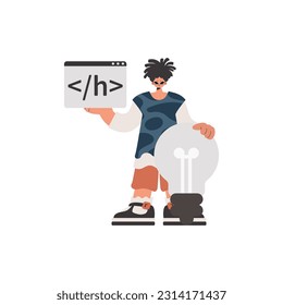 The person is holding a browser window with a programming picture, and to boot standing close a colossal light bulb. Compelled on white foundation. Trendy style, Vector Illustration