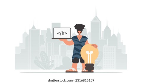 The person is holding a browser window with a programming picture, and to boot standing close a colossal light bulb. Trendy style, Vector Illustration