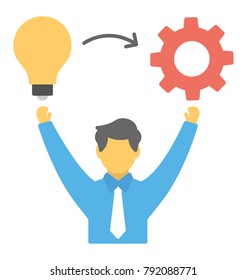 A person holding a bulb in one hand and cogwheel in another, flat icon of idea implementation

