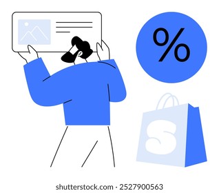 Person holding a card, percent symbol, and shopping bag. Ideal for themes of online shopping, digital marketing, e-commerce, discounts, and retail sales. Simplistic modern style