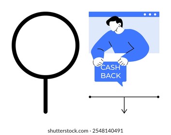 A person holding a cash back sign stands in a browser window next to a search icon and a downward arrow. Ideal for e-commerce, financial savings, online shopping, rewards programs, and digital