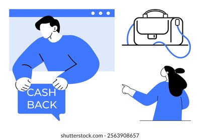 Person holding cash back sign in browser window and woman pointing to shoulder bag. Ideal for online shopping, e-commerce, cash back programs, promotional events, digital marketing. Modern