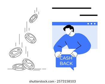 Person holding a cash back sign. Coins falling on the left symbolize financial gain. Ideal for online shopping, rewards programs, financial savings, e-commerce promotions, customer incentives. Modern