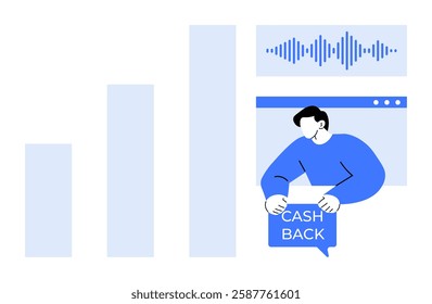 A person holding a Cash Back sign beside a browser window and bar graph. Ideal for financial growth, savings, customer rewards, economic concepts, online shopping. Modern flat design