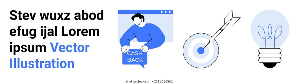 Person holding cash back sign next to a targeted arrow in a bullseye and a light bulb with sprout. Ideal for marketing, finance, strategy, goal setting, innovation, business, and presentations