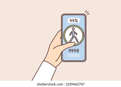 Person holding cellphone tracking steps following healthy lifestyle. Man or woman with smartphone check physical activity on application. Vector illustration. 