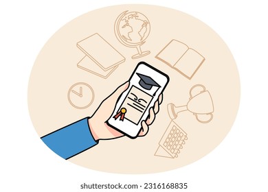 Person holding cellphone with virtual diploma graduate university on web. Student finish online studying or courses. Remote education concept. Flat vector illustration.