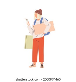 Person holding and checking shopping list. Woman with bag and box reading checklist. Buyer looking at receipt. Shopper standing with packages. Flat vector illustration isolated on white background