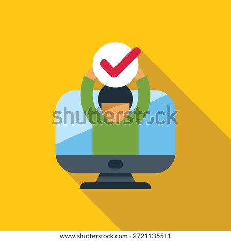 Person is holding up a checkmark inside a desktop computer screen, symbolizing online success
