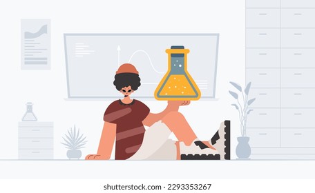 Person holding chemical carafe, learning subject. Trendy style, Vector Illustration