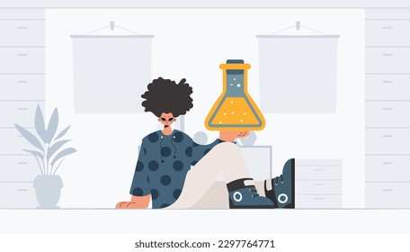 Person holding chemical carafe, learning subject. Trendy style, Vector Illustration
