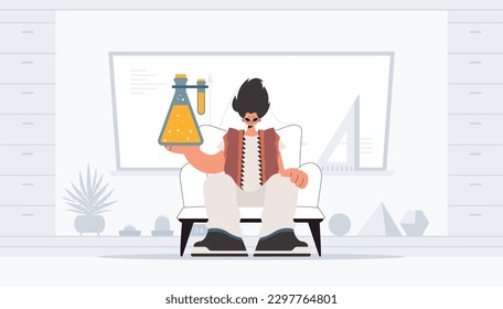 Person holding chemical carafe, learning subject. Trendy style, Vector Illustration