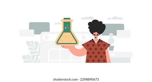 Person holding chemical carafe, learning subject. Trendy style, Vector Illustration