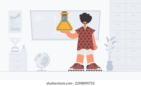 Person holding chemical carafe, learning subject. Trendy style, Vector Illustration
