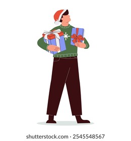 Persona que sostiene la pila de regalos de Navidad en envolturas. Hombre feliz con muchos, un montón de cajas de regalo, preparación para Navidad, año Nuevo, vacaciones de invierno. Ilustración vectorial plana aislada sobre fondo blanco