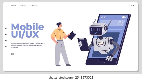 Eine Person hält ein Klemmbrett, interagiert mit einem Roboter, der aus einem großen Smartphone hervorgeht. Ideal für Technologie, KI-Zusammenarbeit, mobile Entwicklung, UI-UX-Design und futuristische Innovationen