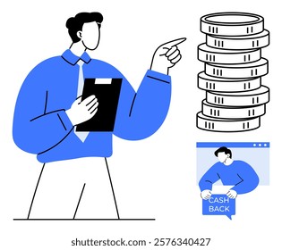 A person holding a clipboard points toward a stack of coins. Another figure displays a cash back sign. Ideal for finance, business, success, profits, and rewards. Clean minimal vector style