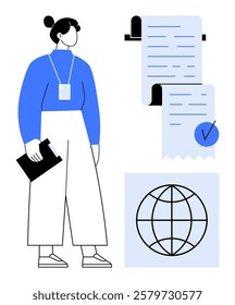 A person holding a clipboard standing next to documents and a globe symbol. Ideal for business, logistics, global trade, document management, and workflow processes. Minimalist vector style