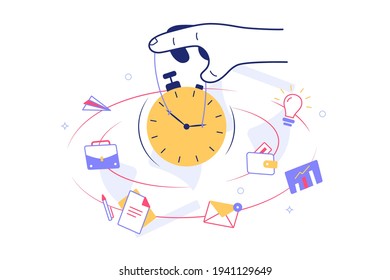 Person holding clock dial vector illustration. Planning day and things to do flat style. Time management, productivity and self organizing concept. Isolated on white background