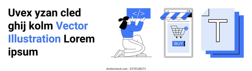 A person holding a coding symbol beside an online shopping app interface and stacked documents. Ideal for technology, e-commerce, coding, documentation, and online services. Banner for landing page