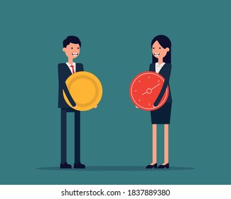A person holding a coin and a person holding a clock