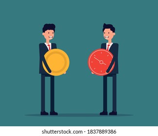 A person holding a coin and a person holding a clock