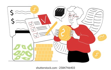Person holding a coin with financial elements like checklists, money, and bills around. Minimalist style on white background, concept of budgeting