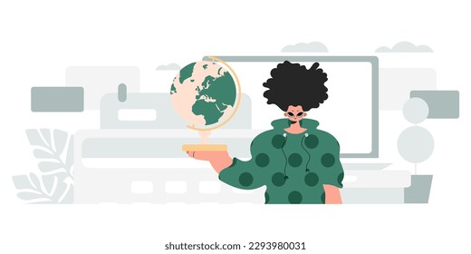 The person is holding a colossal globe, the subject of learning. Trendy style, Vector Illustration