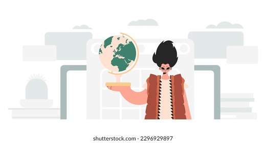 The person is holding a colossal globe, the subject of learning. Trendy style, Vector Illustration