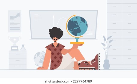 The person is holding a colossal globe, the subject of learning. Trendy style, Vector Illustration