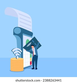 person holding up a credit card holding it up to a bill payment machine, a metaphor for contactless payments. Simple flat conceptual illustration.