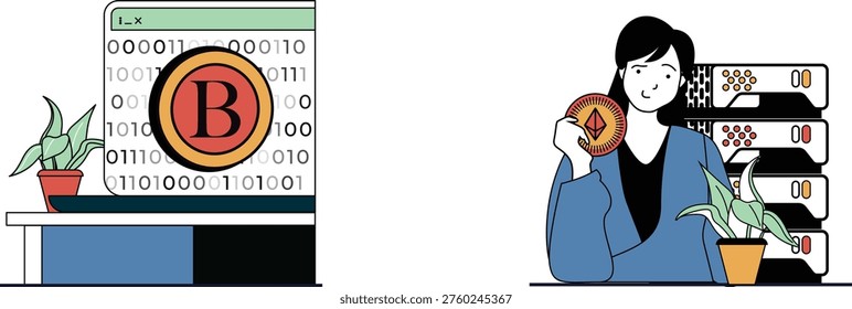 A person holding cryptocurrency coins while standing near a plant and computer servers with digital currency symbols on screen