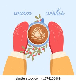 Person holding cup of coffee with hands in gloves. Vector illustration. Top view