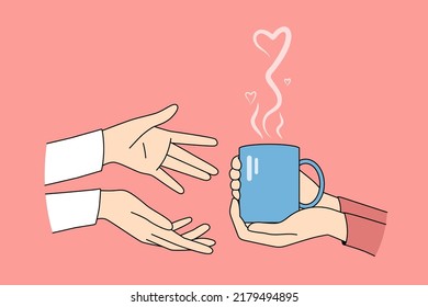 Person Holding Cup With Hot Drink Give It To Friend. People Sharing Hot Coffee Or Tea. Concept Of Help And Support. Vector Illustration. 