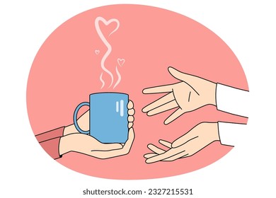 La persona que sostiene una taza con bebida caliente se la da a un amigo. Gente compartiendo café o té caliente. Concepto de ayuda y apoyo. Ilustración vectorial.