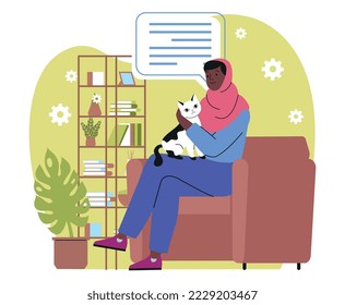 Person holding cute cat concept. Smiling girl sits on armchair and hugs her charming kitten. Owner shows love, care and tenderness to his fluffy pet. Cartoon flat vector illustration in doodle style
