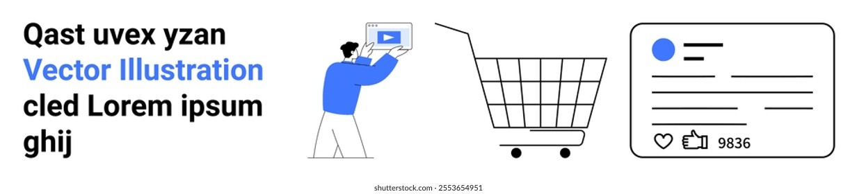 Person holding device, shopping cart, social media profile with likes and comments. Ideal for e-commerce, digital marketing, social media management, mobile shopping, and user engagement. Landing