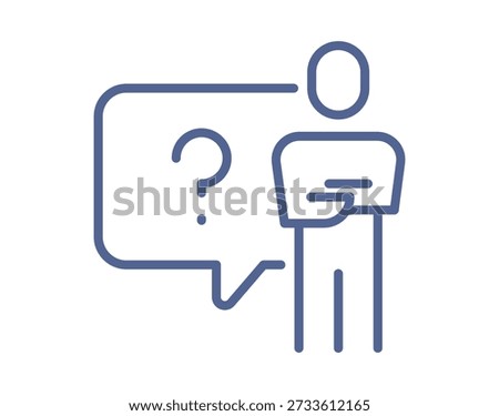 Person holding digital device with question speech bubble, minimal outlined concept for asking help, user inquiry, online support and communication on white background flat vector illustration.