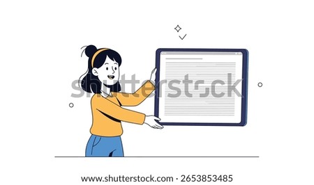 A person holding a digital tablet displaying text content with sparkles and stars around