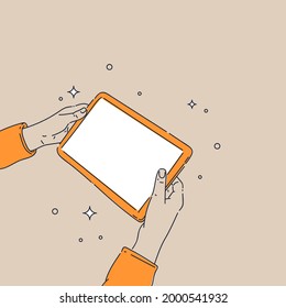 A person is holding a digital tablet. A modern mobile device for getting information.