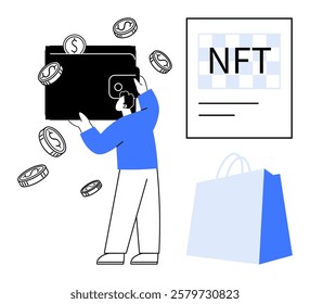 Person holding digital wallet with floating coins, large NFT sign, and shopping bag with big . Ideal for digital finance, NFTs, cryptocurrency, online shopping, modern economy. Clean