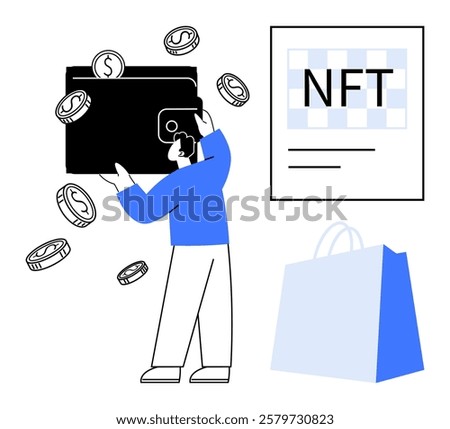 Person holding digital wallet with floating coins, large NFT sign, and shopping bag with big . Ideal for digital finance, NFTs, cryptocurrency, online shopping, modern economy. Clean