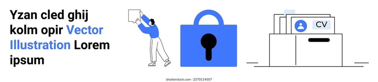 Person holding document box, large lock symbol, and CV folder in a drawer. Ideal for data security, file organization, document management, privacy, and online storage solutions. Banner for landing