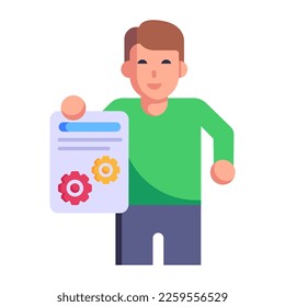 Persona que sostiene un documento con ruedas cognitivas, icono plano de la configuración de archivos