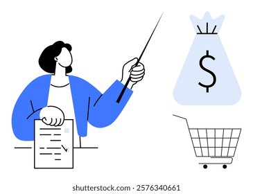 Person holding a document and pointing to a money bag. Ideal for financial education, budgeting, savings, shopping management, and personal finance advice. Minimalist design style