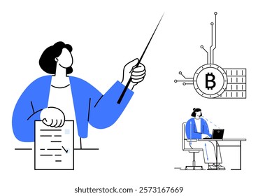 A person is holding a document and pointing with a stick while another person is sitting at a desk with a laptop. Ideal for finance, education, cryptocurrency, business training, modern learning