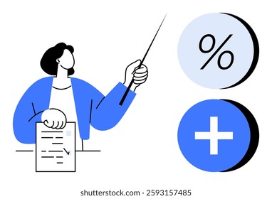 Person holding a document and pointing with a stick towards percentage and addition symbols. Ideal for financial education, business presentations, accounting, investment strategies, economic