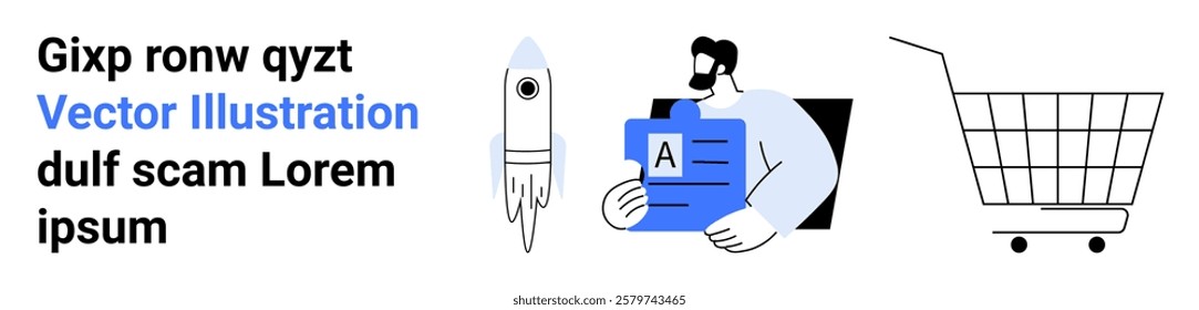 A person holding a document, a rocket icon, and a shopping cart. Ideal for technology, business start-ups, e-commerce, innovation, and communication. Banner for landing page